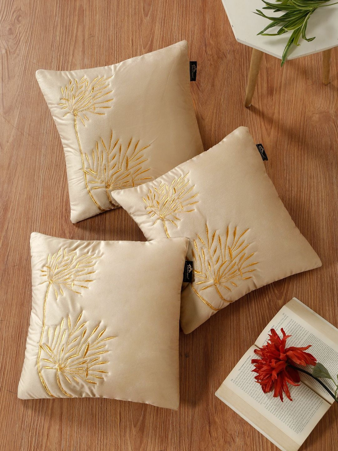 Set of 3 - Cream Embroidered Velvet Square Cushion Covers – Durable Upholstery