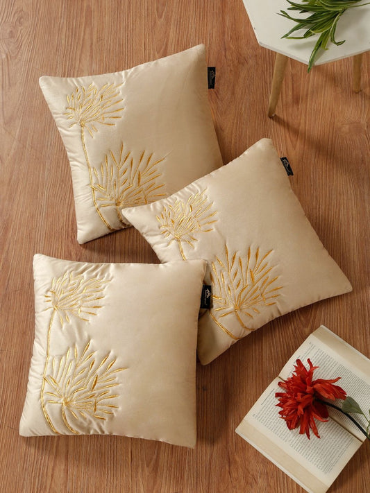 Set of 3 - Cream Embroidered Velvet Square Cushion Covers – Durable Upholstery
