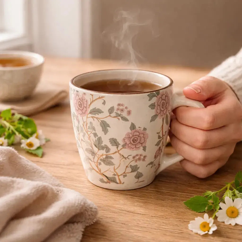 Handcrafted Floral Ceramic Coffee Mug - Stoneware Tea Cup with Pink Flower Design