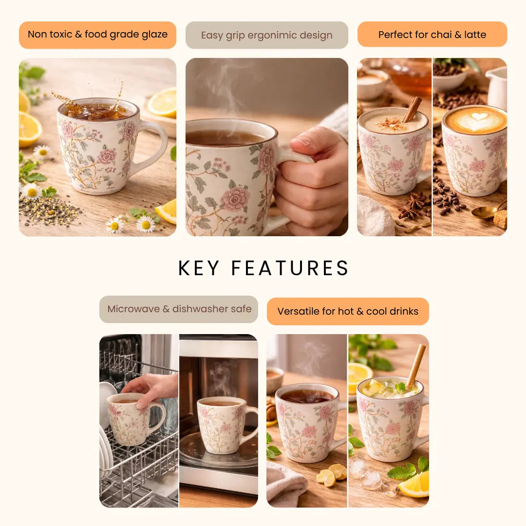 Handcrafted Floral Ceramic Coffee Mug - Stoneware Tea Cup with Pink Flower Design