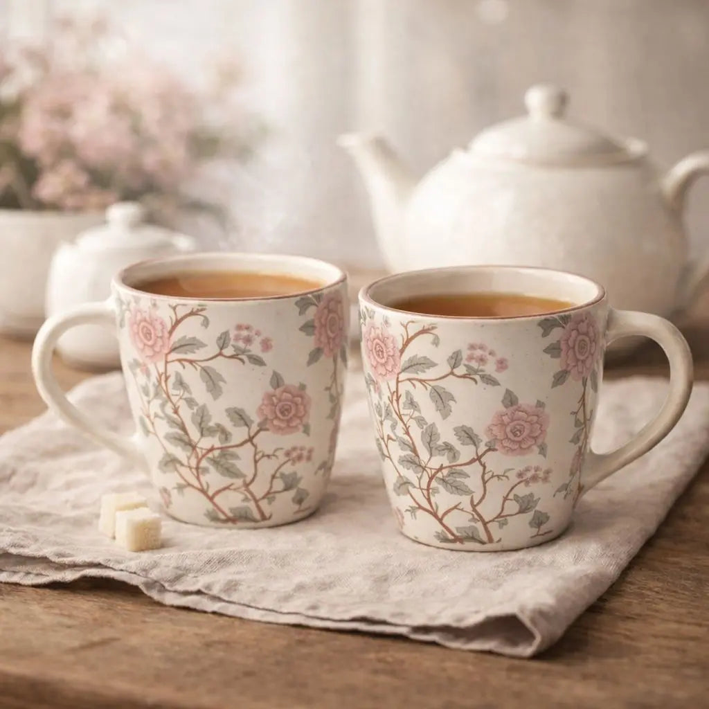Handcrafted Floral Ceramic Coffee Mug - Stoneware Tea Cup with Pink Flower Design