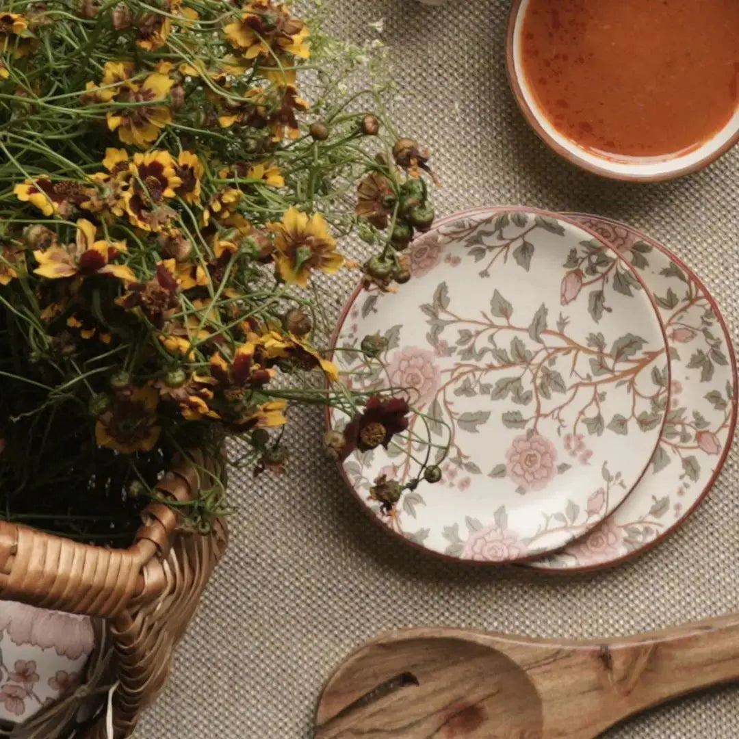 Handcrafted Stoneware Teaplate– Vintage Floral Print Ceramic Dessert & Snack Plate