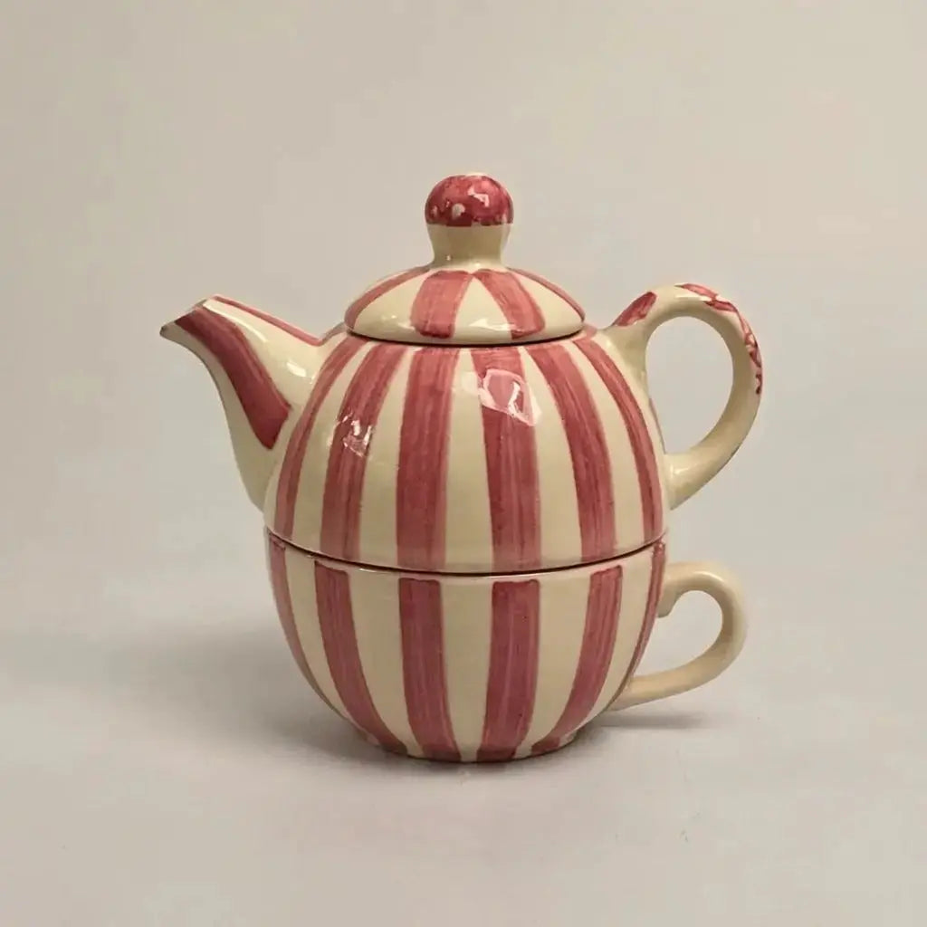 Handmade Ceramic Striped Tea Pot and Cup Set – Coral Pink & White Stoneware for Tea Lovers