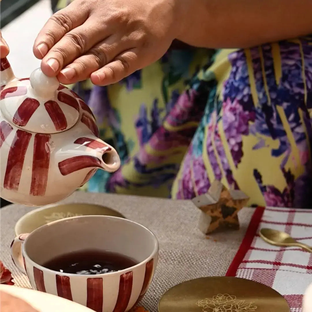 Handmade Ceramic Striped Tea Pot and Cup Set – Coral Pink & White Stoneware for Tea Lovers