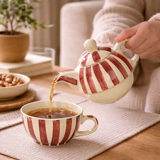 Handmade Ceramic Striped Tea Pot and Cup Set – Coral Pink & White Stoneware for Tea Lovers