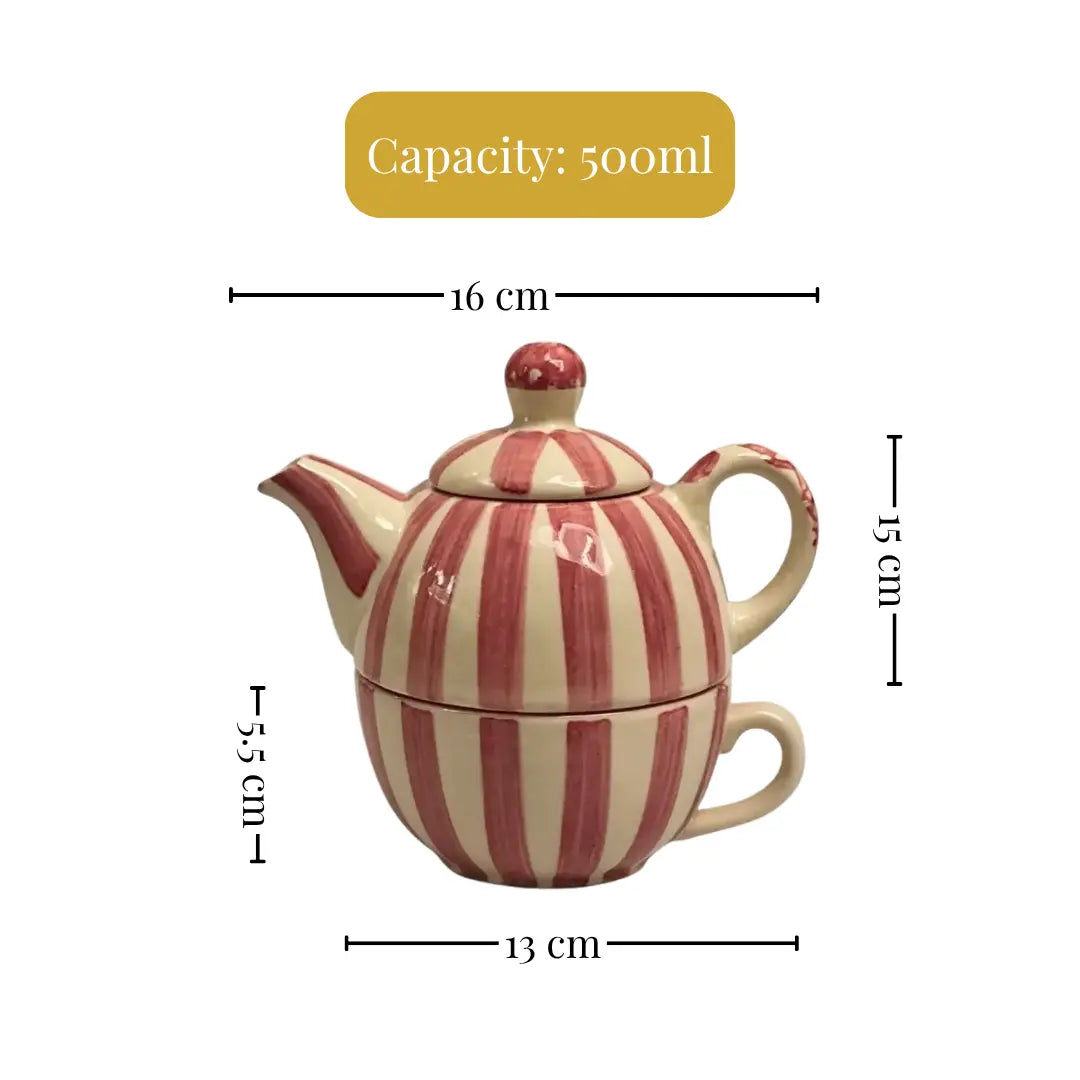 Handmade Ceramic Striped Tea Pot and Cup Set – Coral Pink & White Stoneware for Tea Lovers