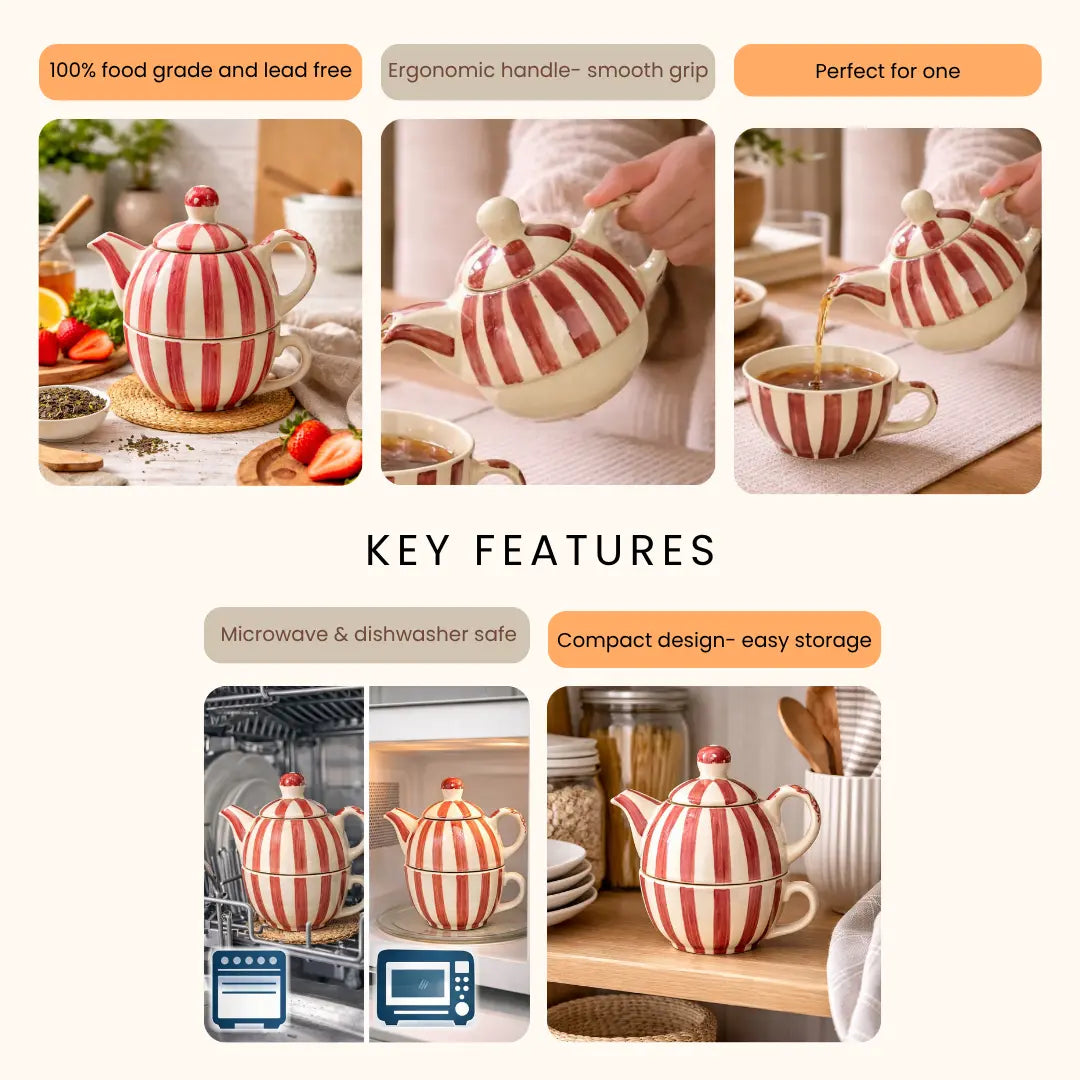 Handmade Ceramic Striped Tea Pot and Cup Set – Coral Pink & White Stoneware for Tea Lovers