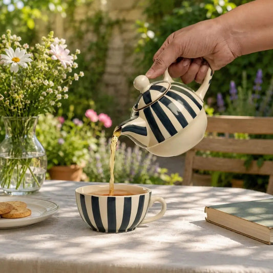 Handmade Ceramic Striped Tea Pot and Cup Set – Modern Teal & White Stoneware for Tea Lovers