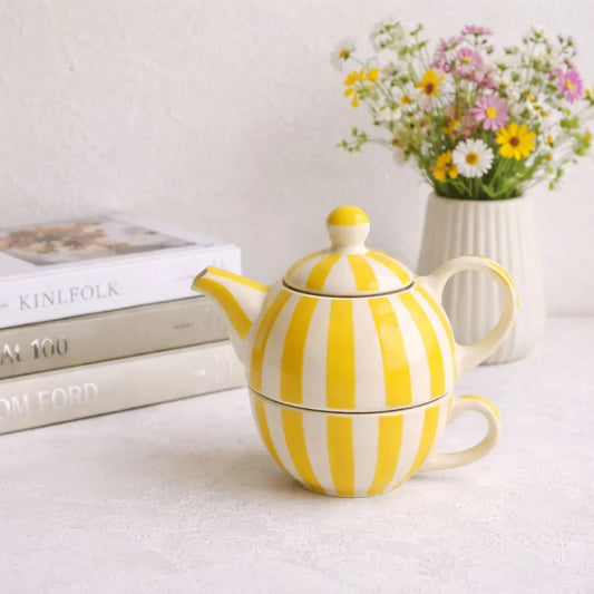 Handmade Ceramic Striped Tea Pot and Cup Set – Yellow & White Stoneware for Tea Lovers