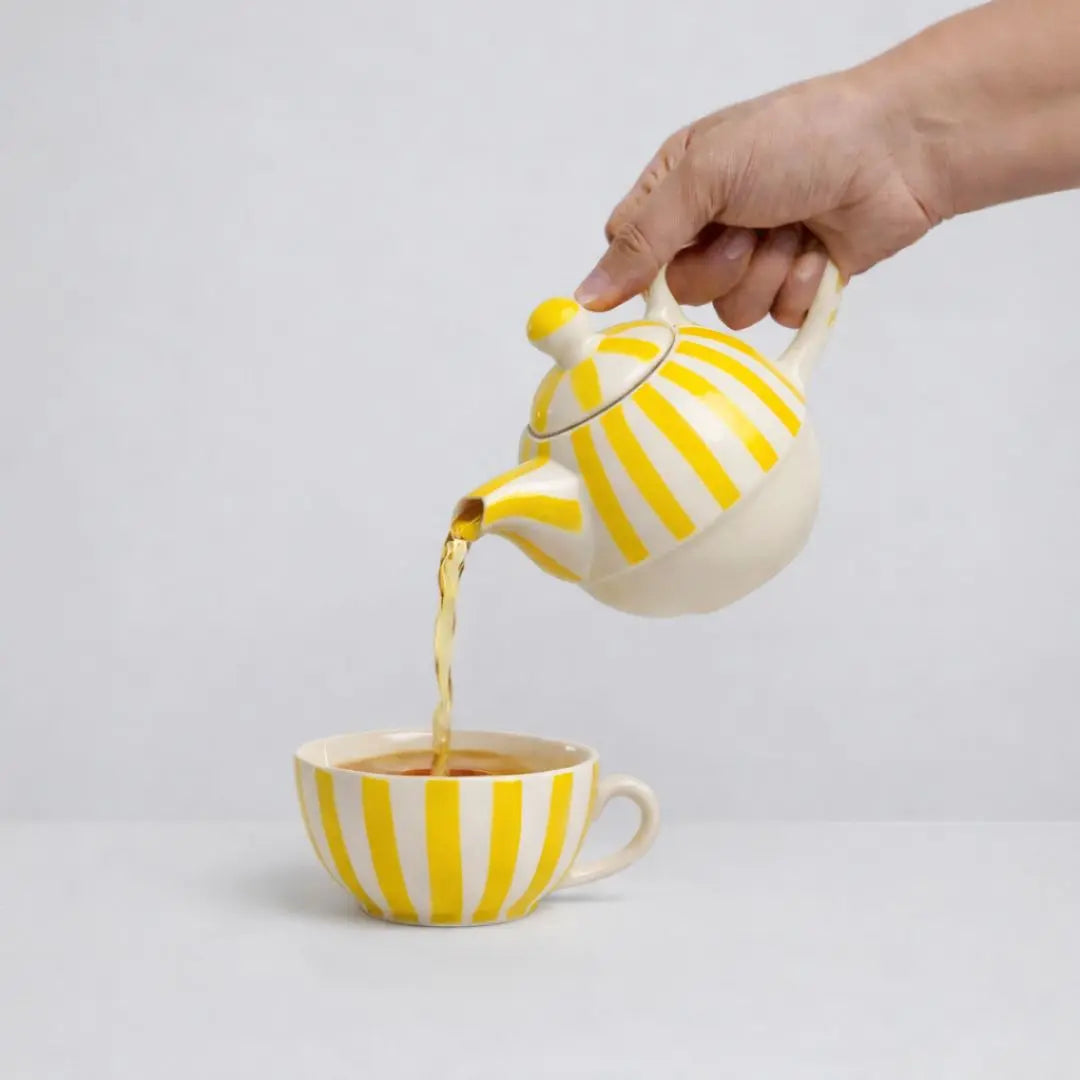 Handmade Ceramic Striped Tea Pot and Cup Set – Yellow & White Stoneware for Tea Lovers