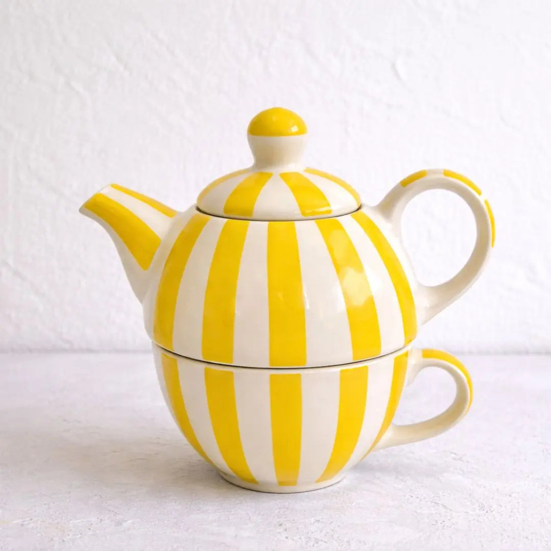 Handmade Ceramic Striped Tea Pot and Cup Set – Yellow & White Stoneware for Tea Lovers
