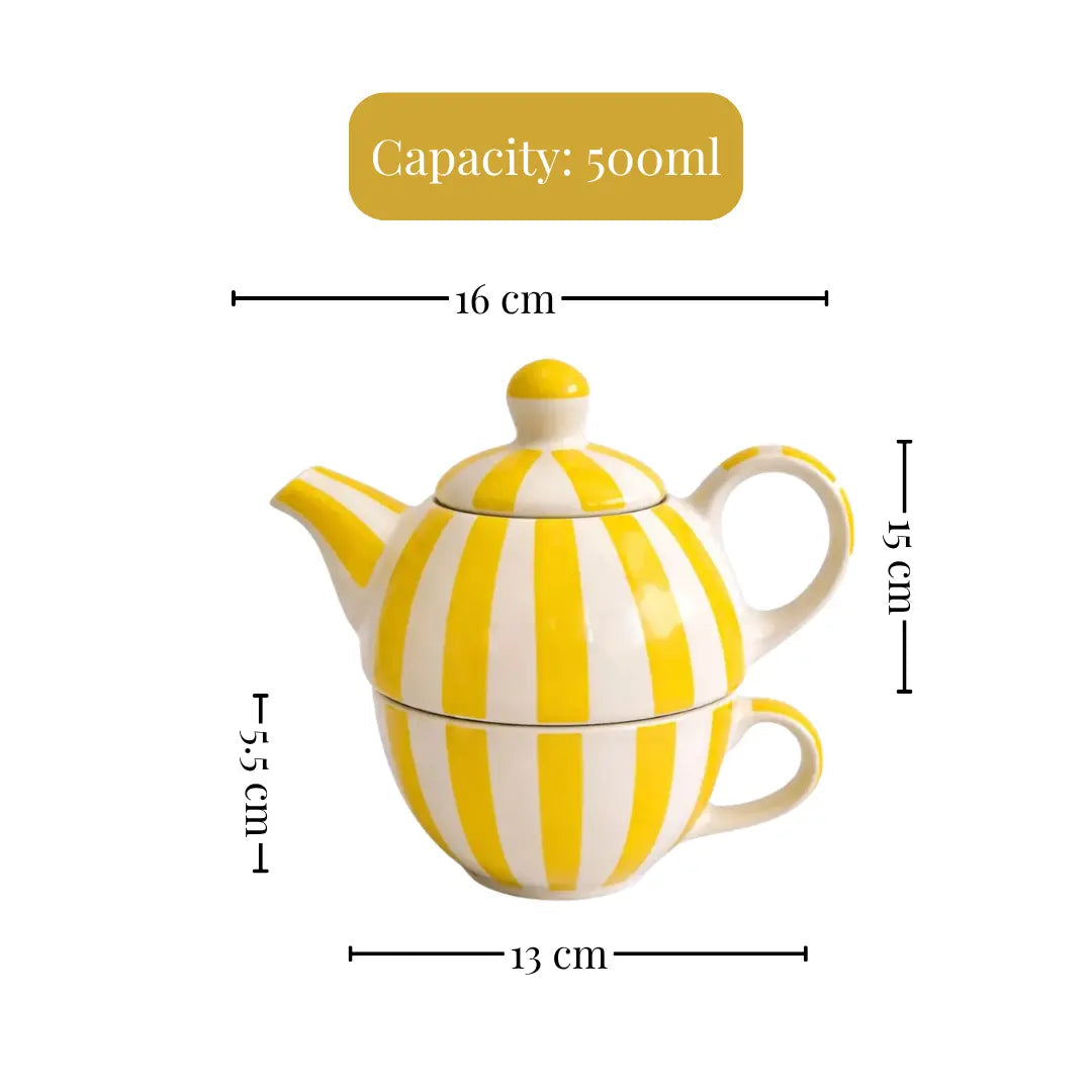 Handmade Ceramic Striped Tea Pot and Cup Set – Yellow & White Stoneware for Tea Lovers