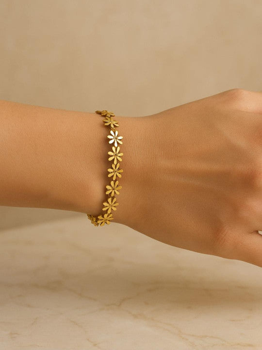 Floral Motif Bangle – Tarnish-Resistant Gilded Finish