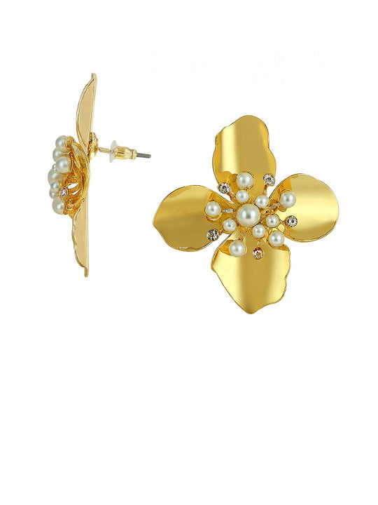 Flower Embellished Studs – Stud Earrings – Gold-Plated Alloy, Faux Stone & Pearl
