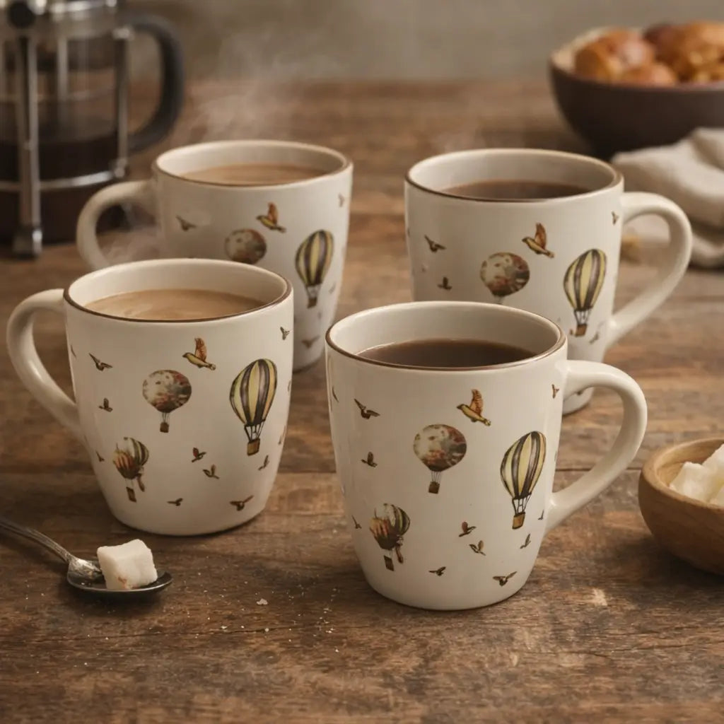 Hot Air Balloon Ceramic Coffee Mug Set – Vintage Printed Tea Cups (Set of 4)