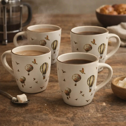 Hot Air Balloon Ceramic Coffee Mug Set – Vintage Printed Tea Cups (Set of 4)