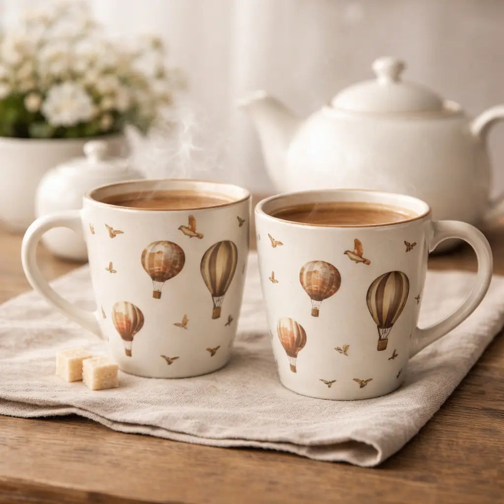 Hot Air Balloon Ceramic Mug Set – Whimsical Vintage Tea & Coffee Cups (Set of 2)