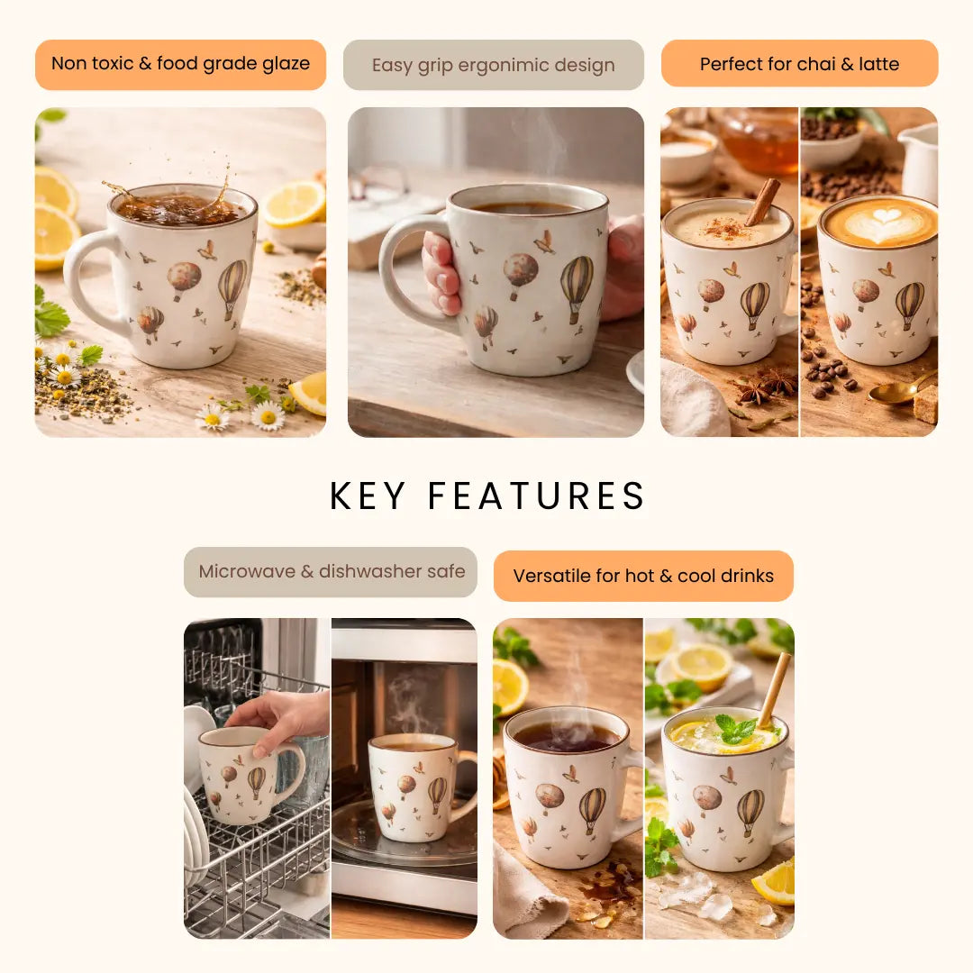 Hot Air Balloon Ceramic Mug Set – Whimsical Vintage Tea & Coffee Cups (Set of 2)