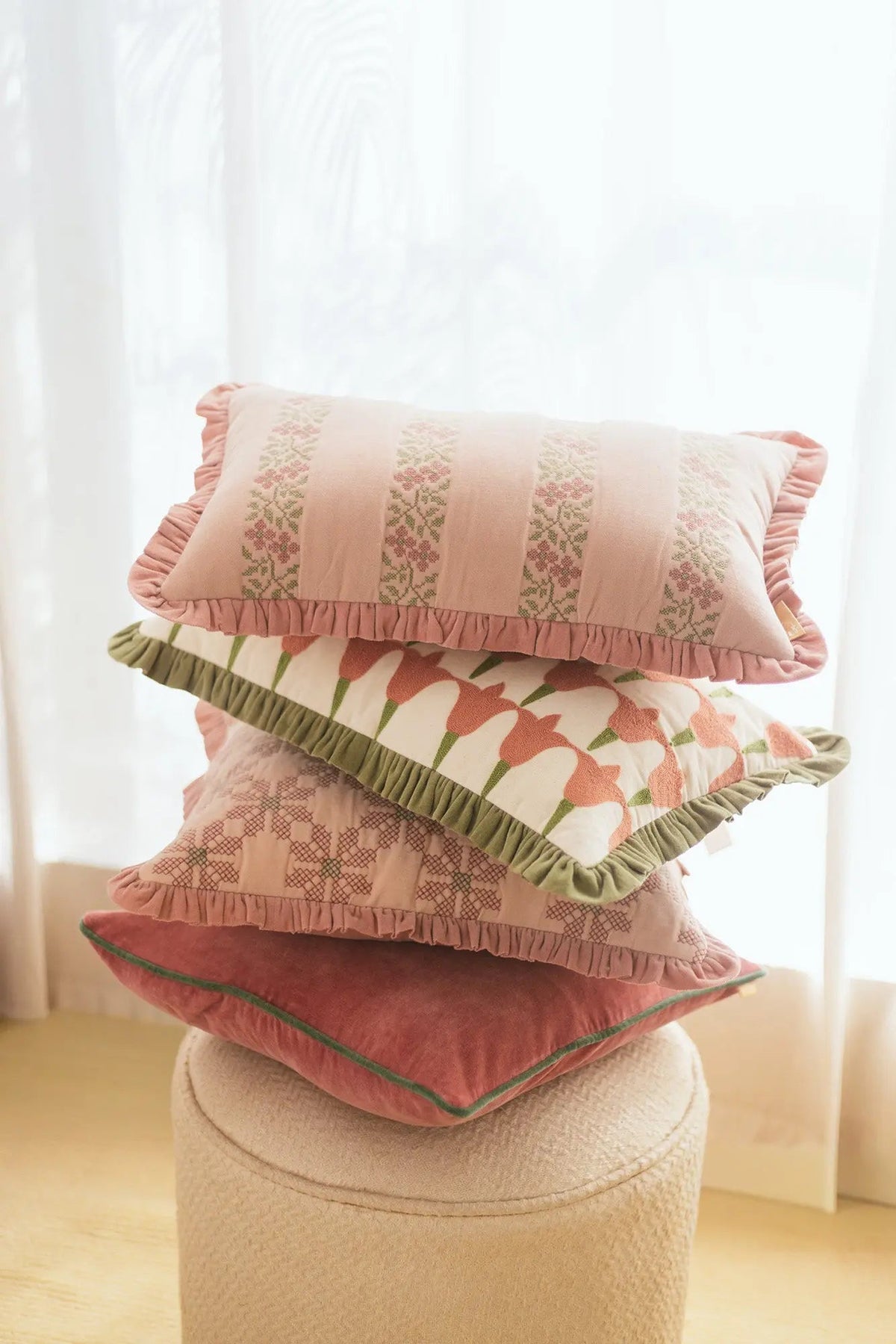 Heather Baby Pink Cross Stitch Oblong Cushion Cover SanctuaryLiving