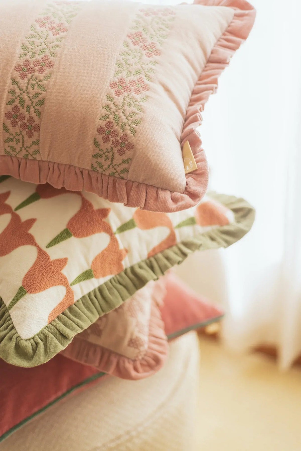 Heather Baby Pink Cross Stitch Oblong Cushion Cover SanctuaryLiving