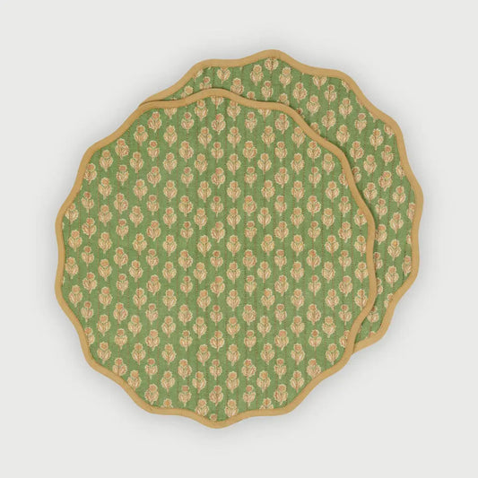 Table Mat | Viola Scallop Forest Green Quilted Round Table Mats-Set of 2 by Sanctuary Living