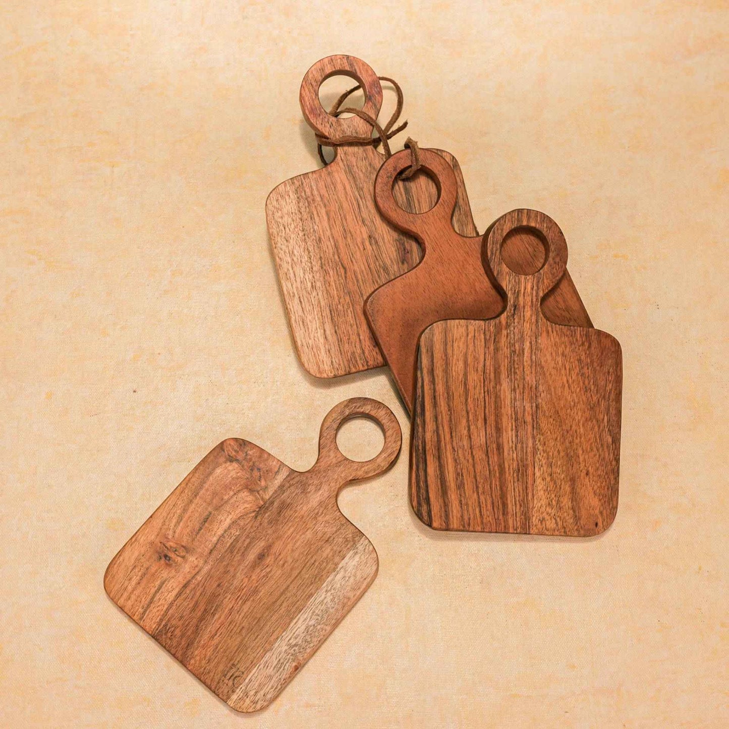 River Loop Serving Board – Acacia Wood Platter – Handcrafted, Modern Loop Handle – Set of 4