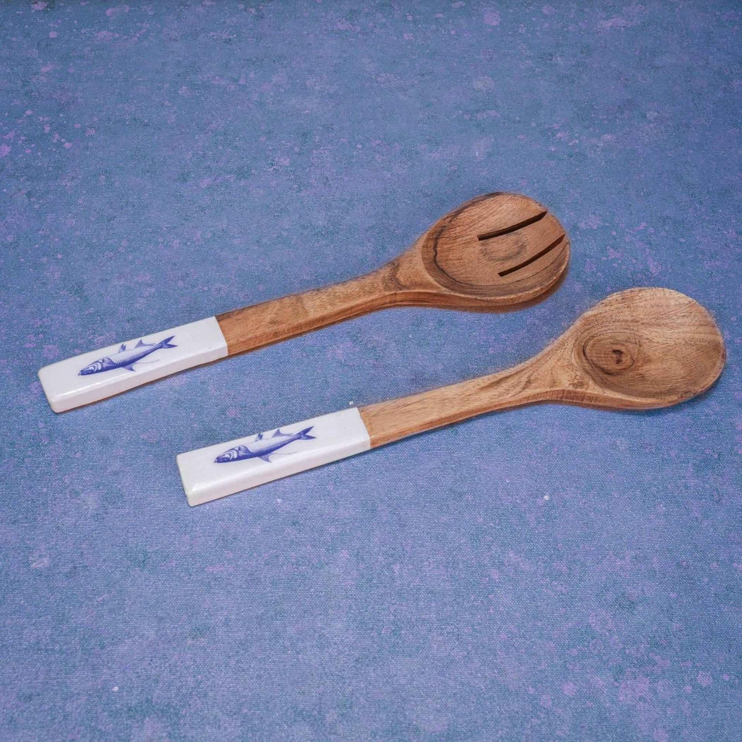 Serving Spoons – Mango Wood & Enamel Utensil Set – Handcrafted – 30cm