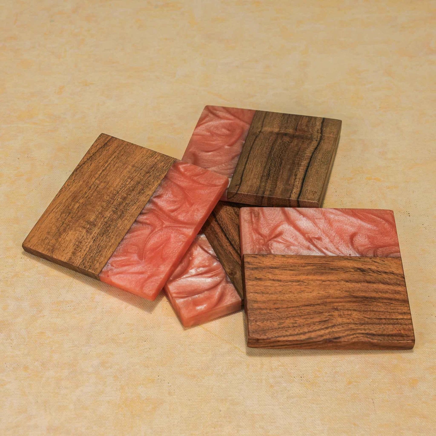 Blush Tide Coaster Set – Drink Coasters – Acacia Wood & Resin – Unique Wood-Grain – Set of 4