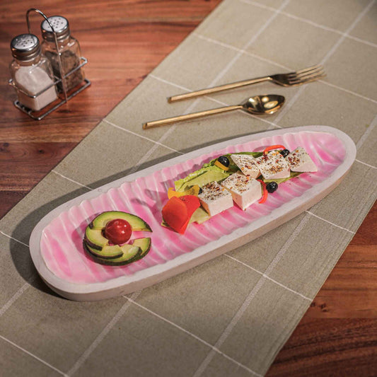 Pink & White Enamel Serving Platter – Handcrafted Acacia Wood – 41x15x3 cm