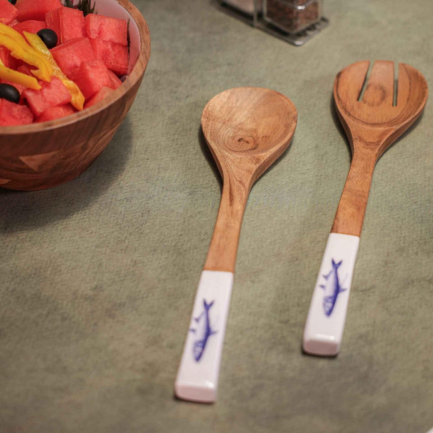 Serving Spoons – Mango Wood & Enamel Utensil Set – Handcrafted – 30cm