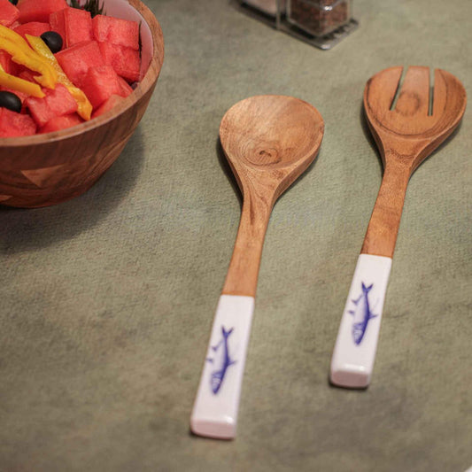 Serving Spoons – Mango Wood & Enamel Utensil Set – Handcrafted – 30cm