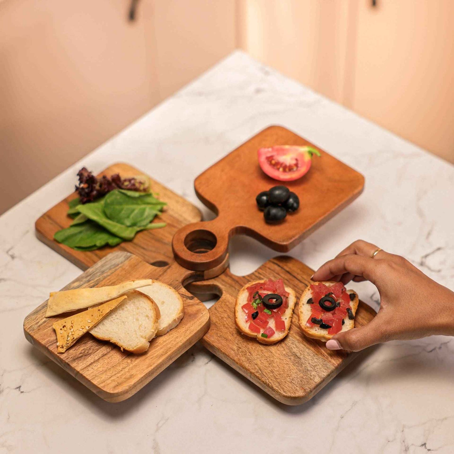 River Loop Serving Board – Acacia Wood Platter – Handcrafted, Modern Loop Handle – Set of 4