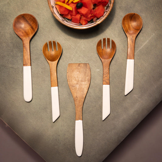 Handcrafted 3-Piece Set Ivory Serving Spoons Set – Serving Utensil Set – Acacia Wood & Enamel