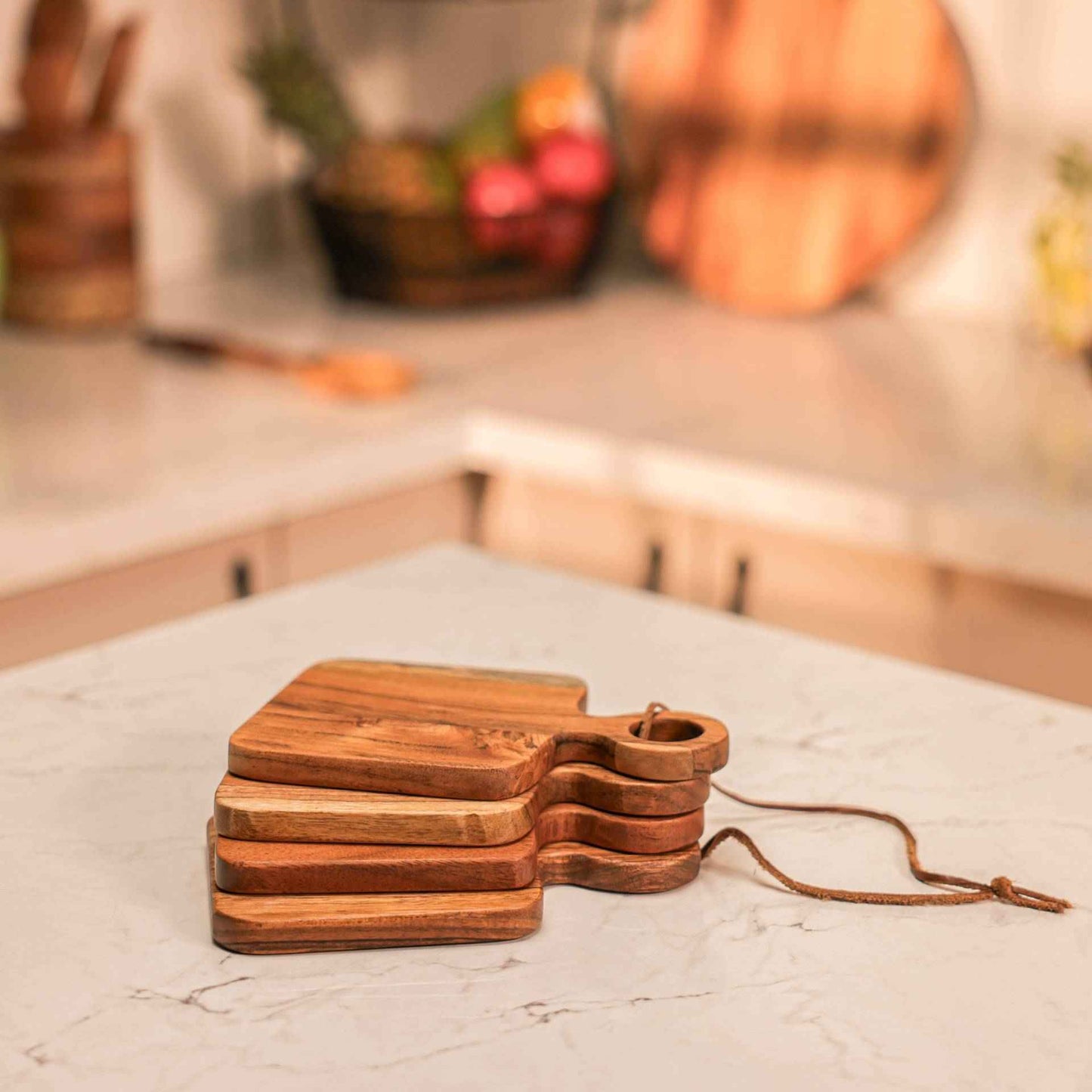River Loop Serving Board – Acacia Wood Platter – Handcrafted, Modern Loop Handle – Set of 4