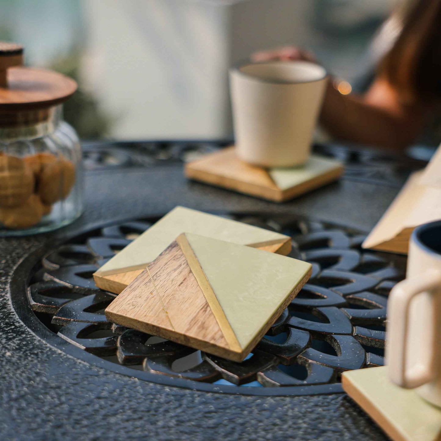 Earth’s Edge Coaster Set – Mango Wood & Resin Drink Coasters – Gold Accent Design