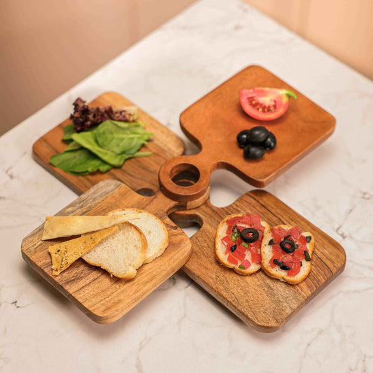 River Loop Serving Board – Acacia Wood Platter – Handcrafted, Modern Loop Handle – Set of 4