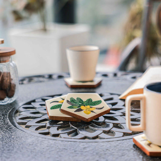Penta Bloom Coaster Set – Tabletop Coasters – Acacia Wood & Enamel – Pentagon Bloom Design – Set of 4