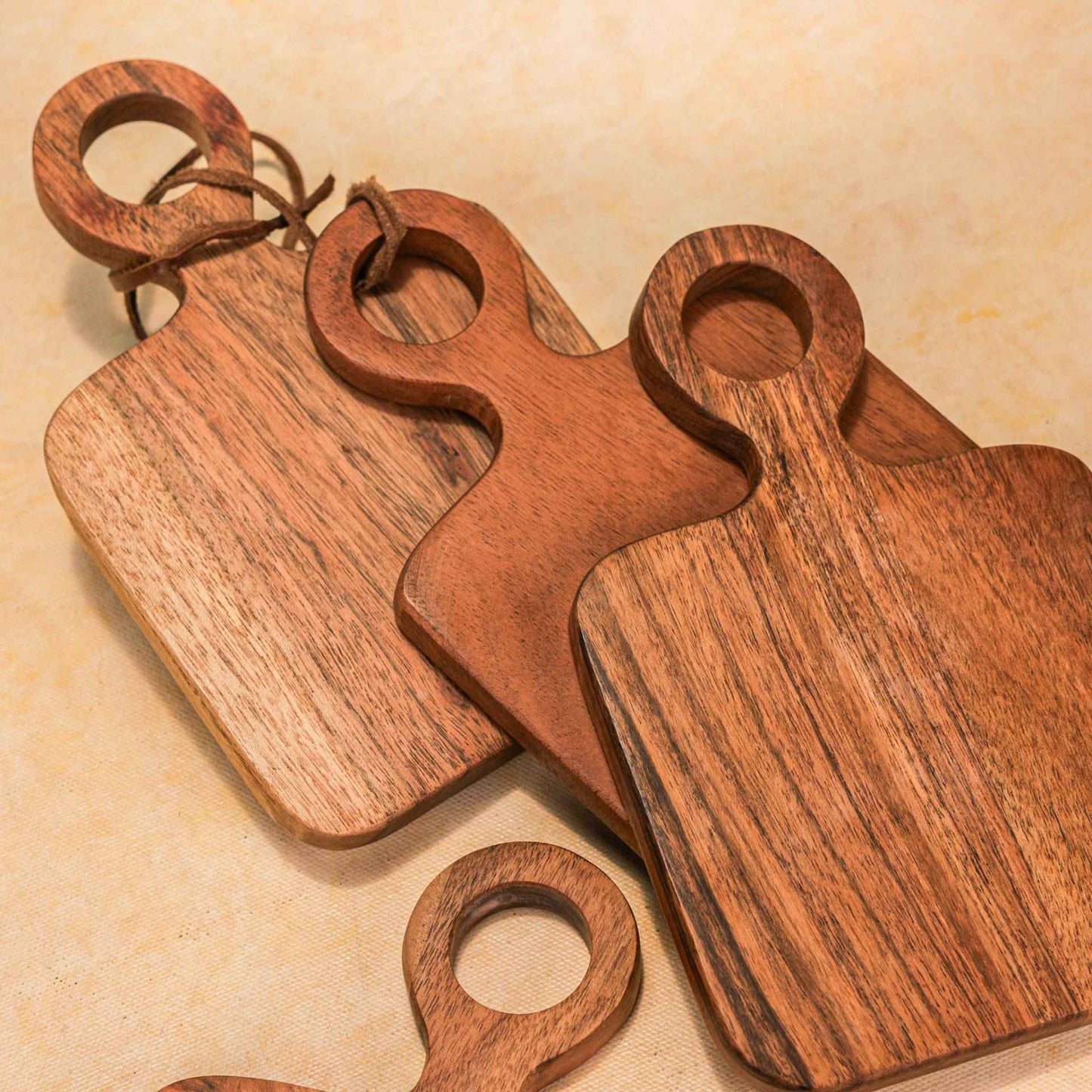 River Loop Serving Board – Acacia Wood Platter – Handcrafted, Modern Loop Handle – Set of 4