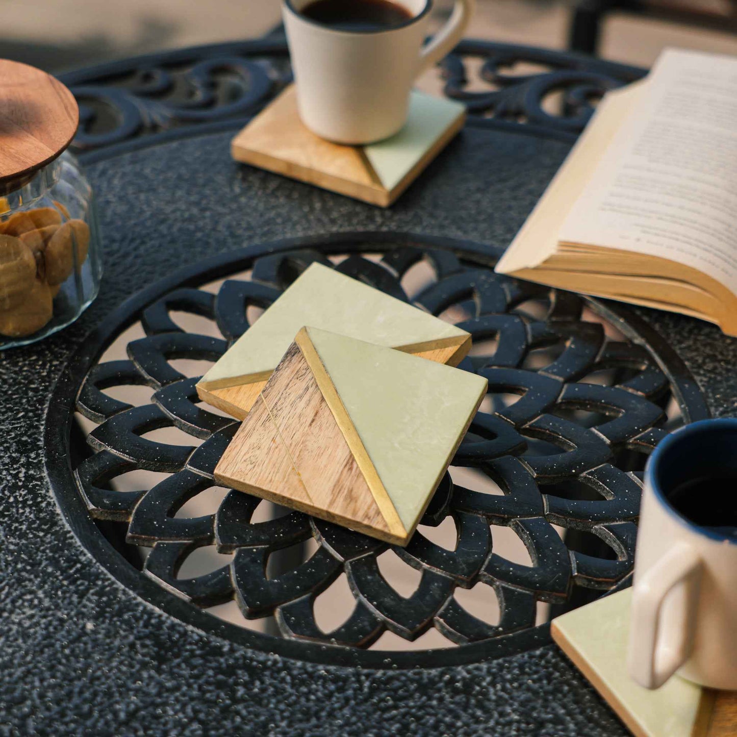 Earth’s Edge Coaster Set – Mango Wood & Resin Drink Coasters – Gold Accent Design