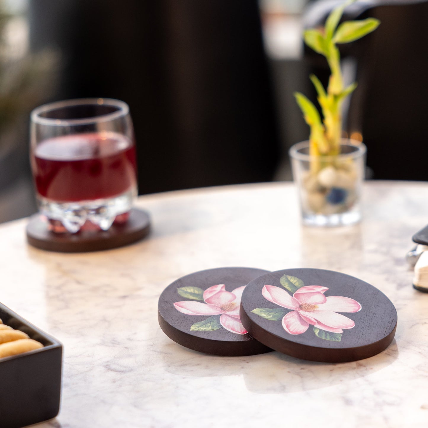 Sakura Floral Coasters – Hand-Painted Acacia Wood Drink Coaster Set – 10cm Square (Set of 4)