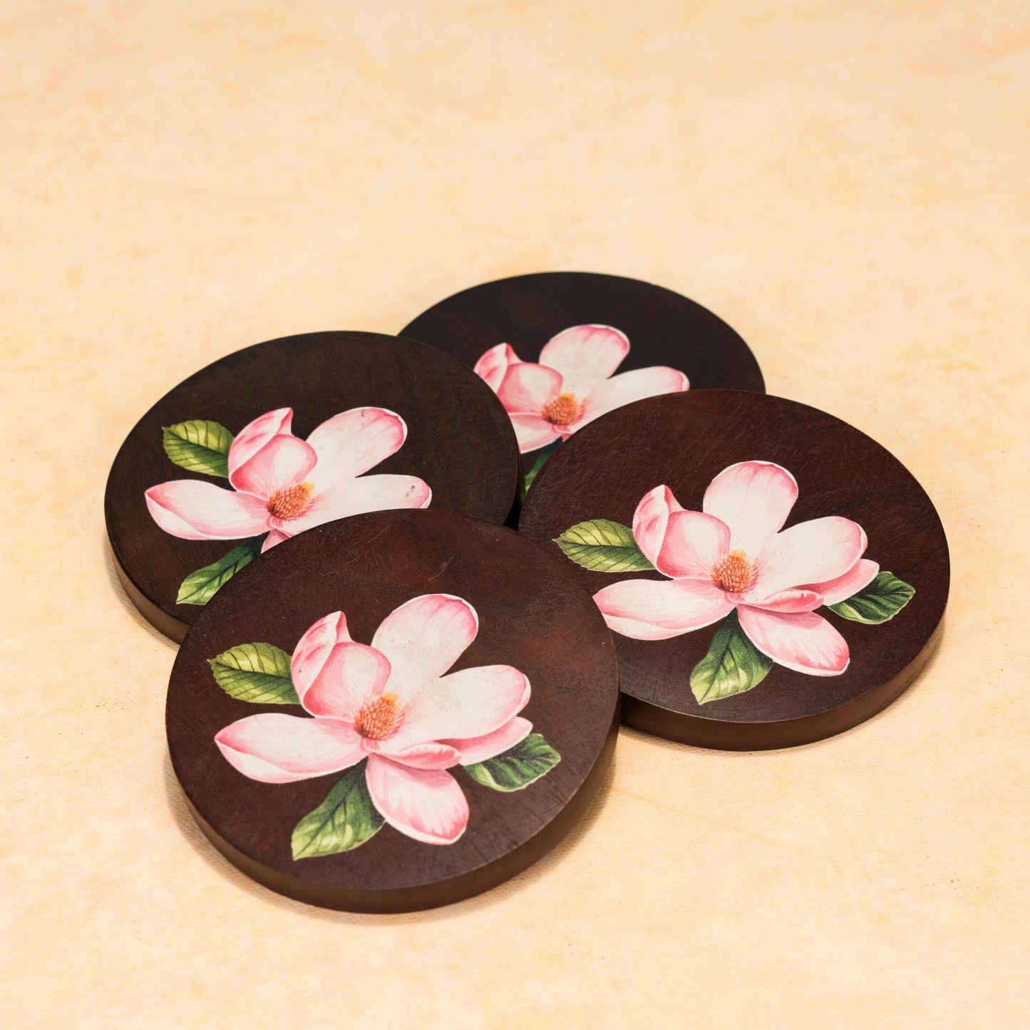 Sakura Floral Coasters – Hand-Painted Acacia Wood Drink Coaster Set – 10cm Square (Set of 4)