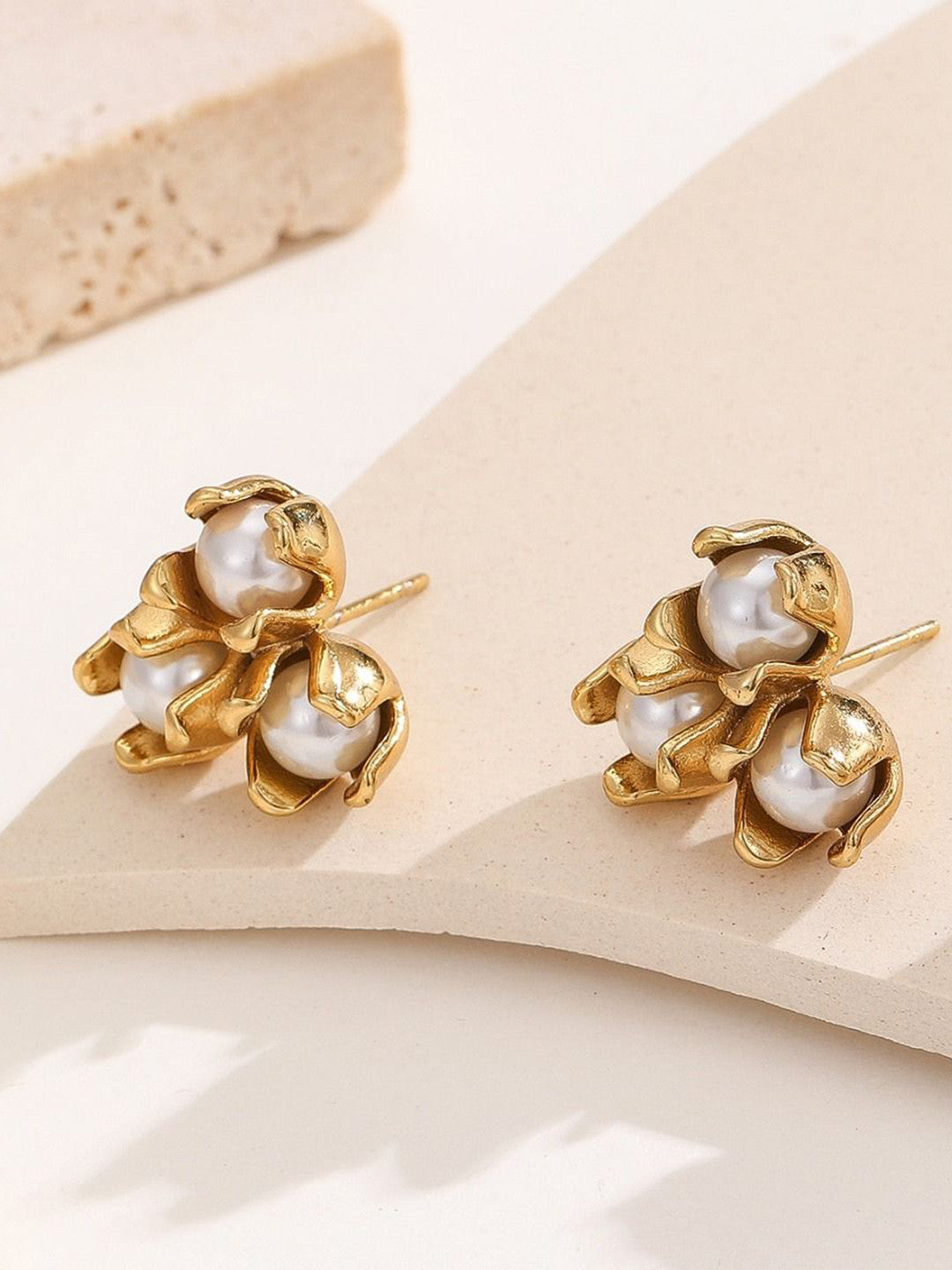 Gold Plated Floral Studs – Pearl Embellished Stud Earrings – 1.1cm Pair