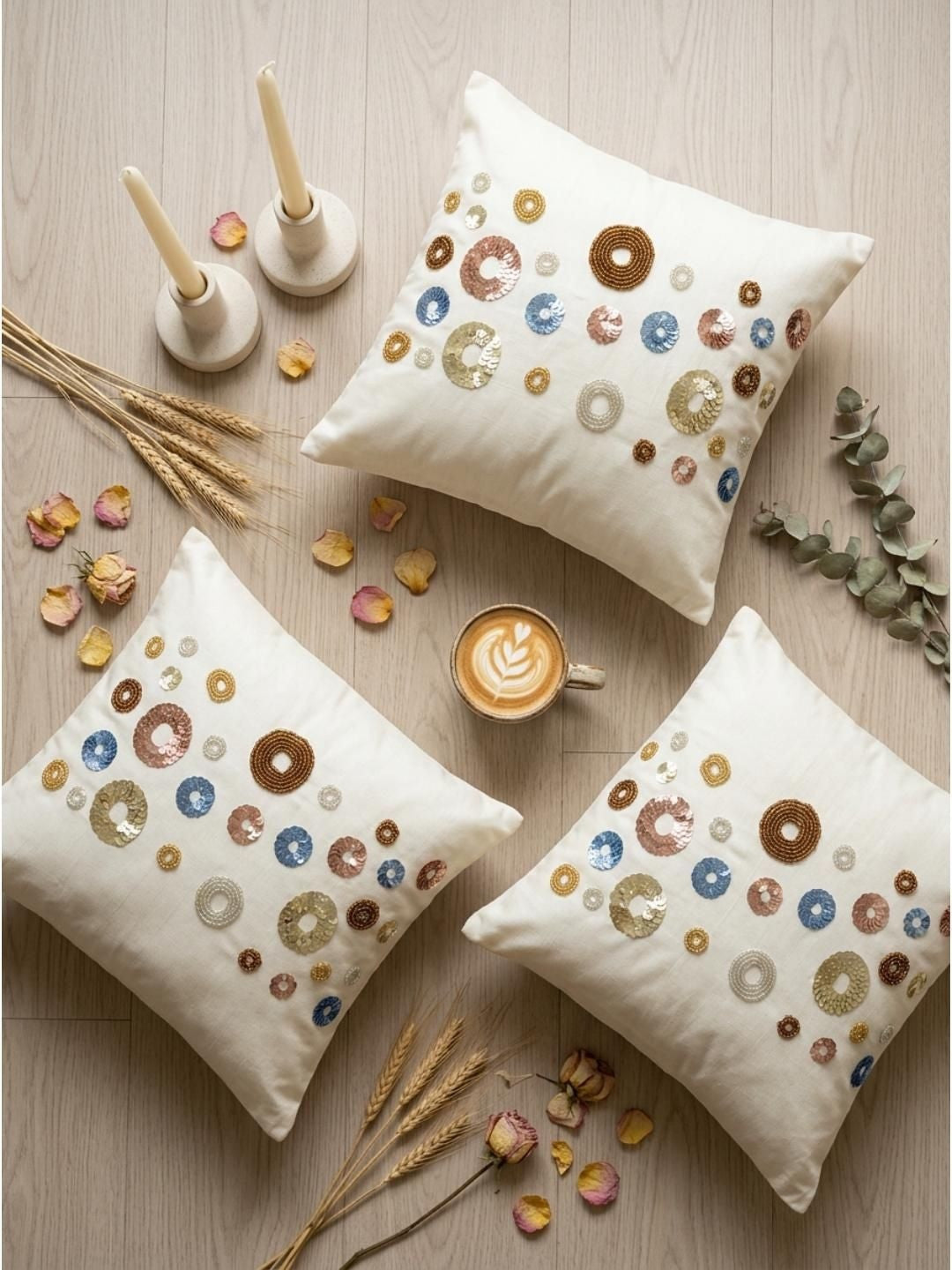 Off White Rectangle Cushion Covers – Decorative Pillow Covers – Durable Silk – Set of 3