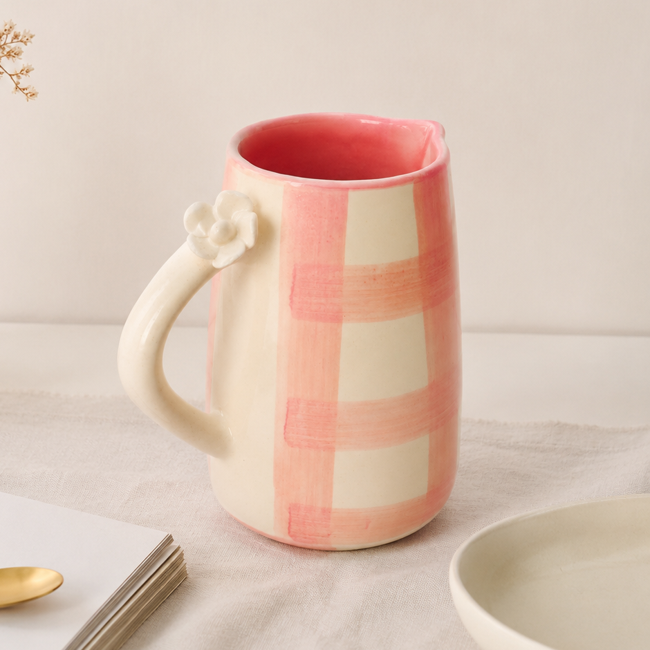 Jug | Ceramic Hand-painted Daisy Check | 800ml Pink