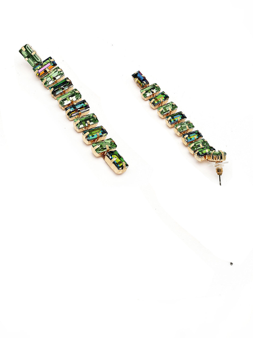 Gold Plated Rhinestone Studded Drop Earrings – Rectangular Shape – Green Accents – 8cm Length