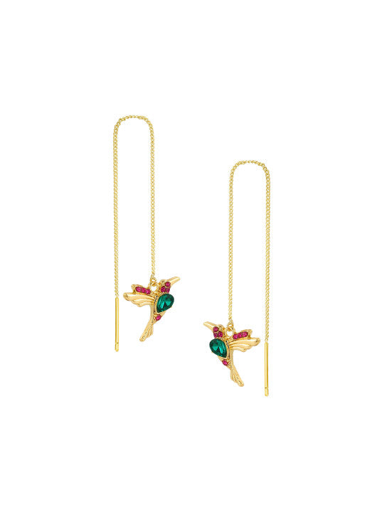 Hummingbird Motif Dangle Earrings – Gold-Tone Finish, Beaded – Retail Pack