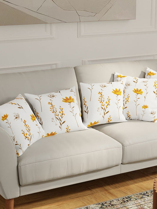 Yellow Floral Cotton – Cushion Covers – Breathable Square – 5-Piece Set – 40x40cm
