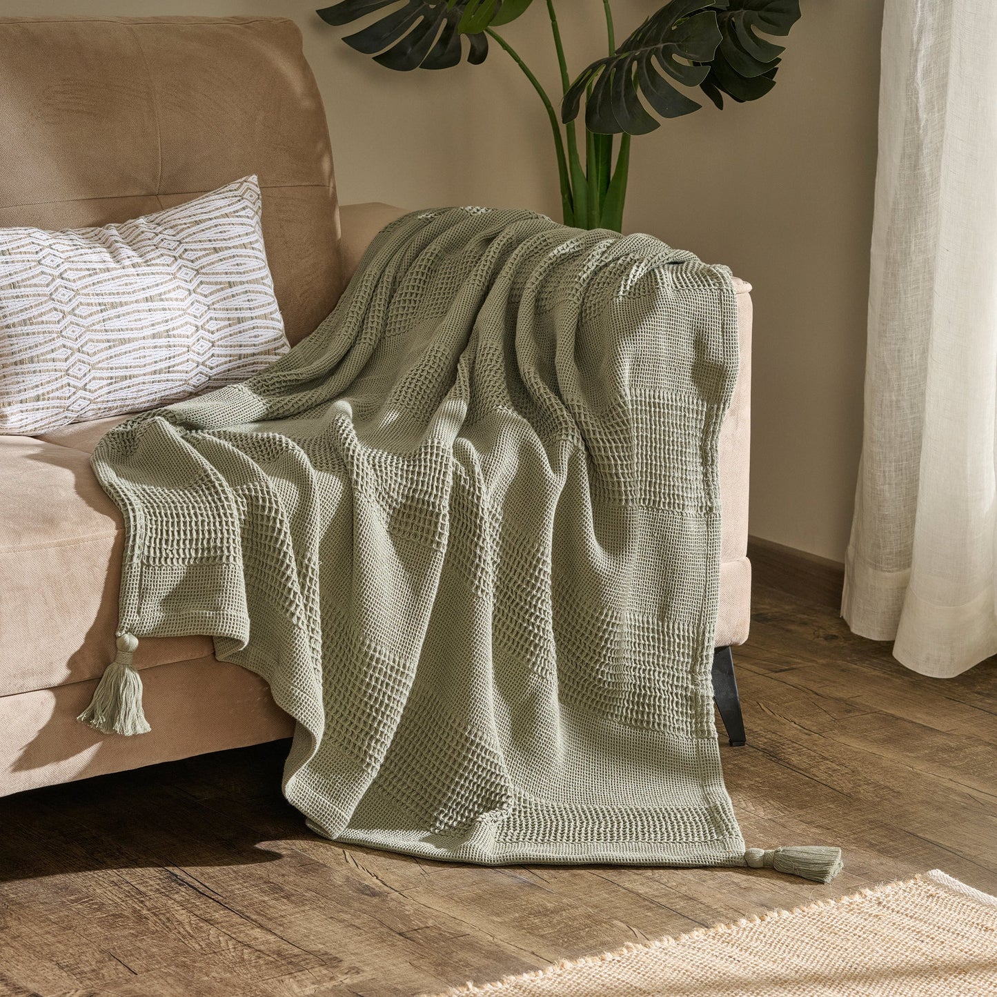 Throw Blanket | Cotton Waffle Thick Tassels