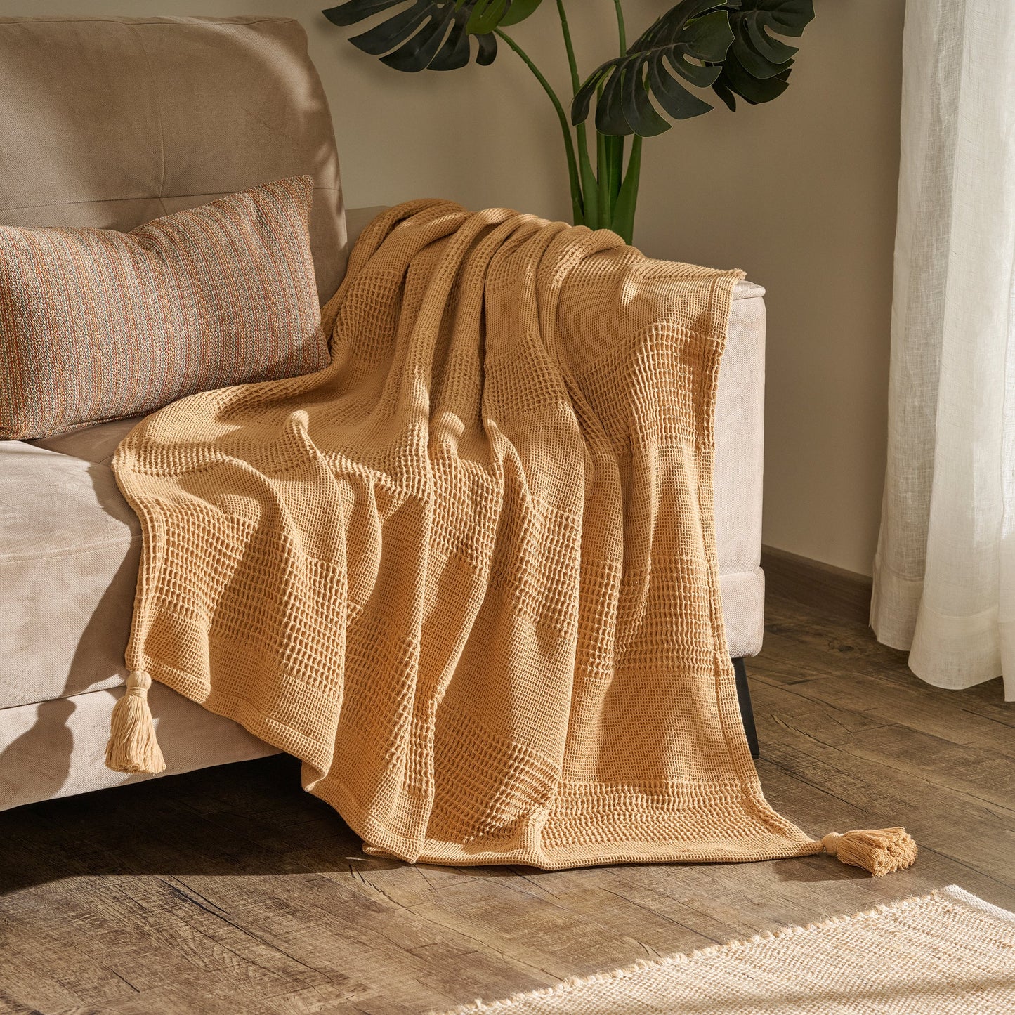 Throw Blanket | Cotton Waffle Thick Tassels