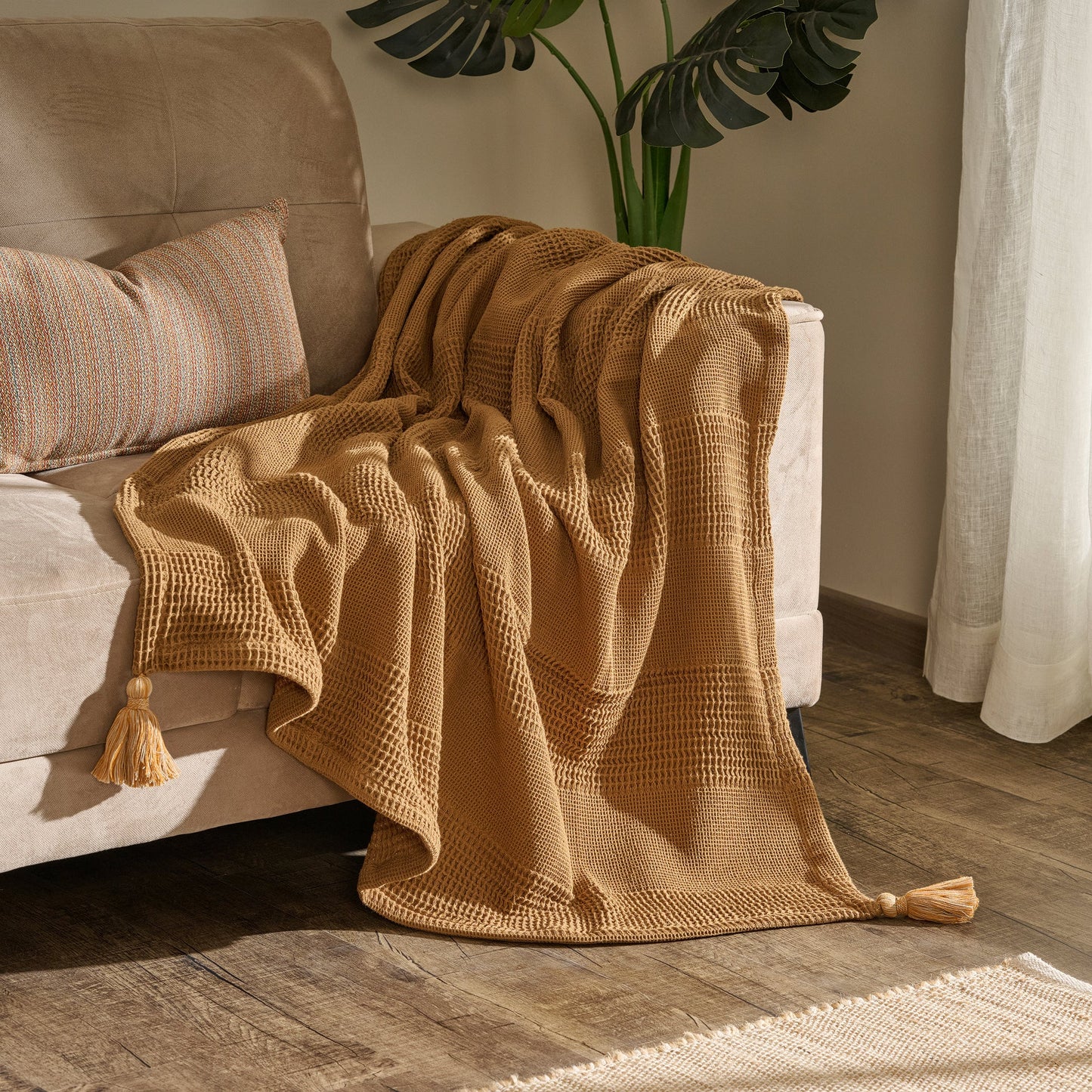 Throw Blanket | Cotton Waffle Thick Tassels